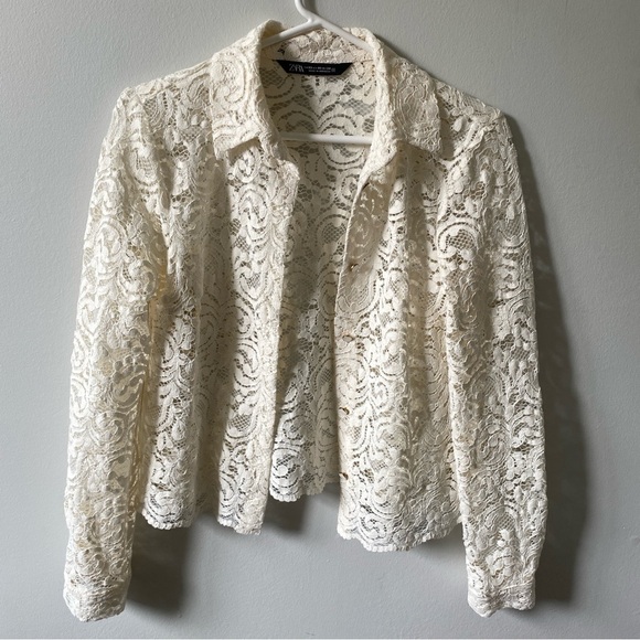 ZARA Cream Ivory Lace Button Down Polo Jacket size XS - Picture 1 of 11